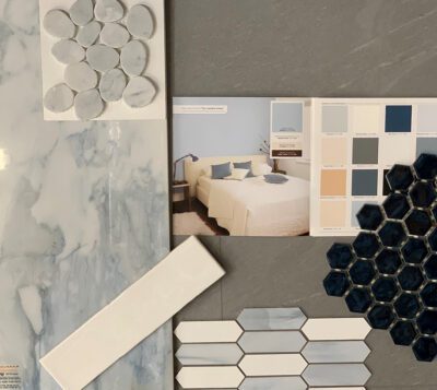 collage of blue porcelain tile samples.